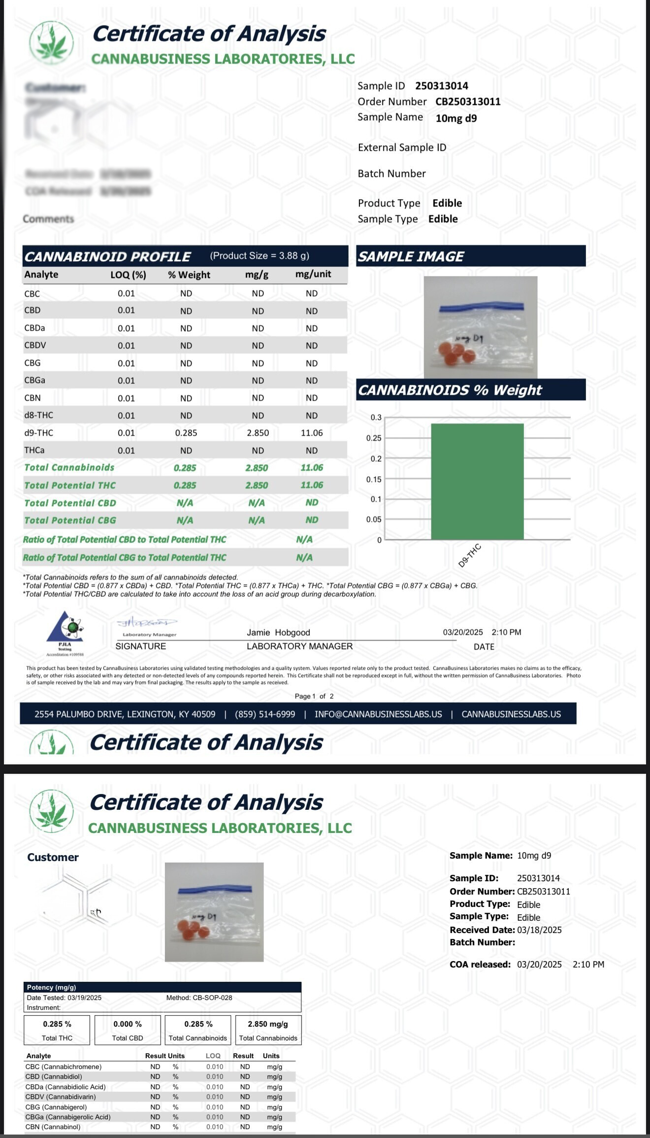 Certificate of Analysis – 10mg Delta-9 Gummies COA lab report for 10mg Delta-9 THC gummies, showing cannabinoid profile, lab certification, and sample image.
